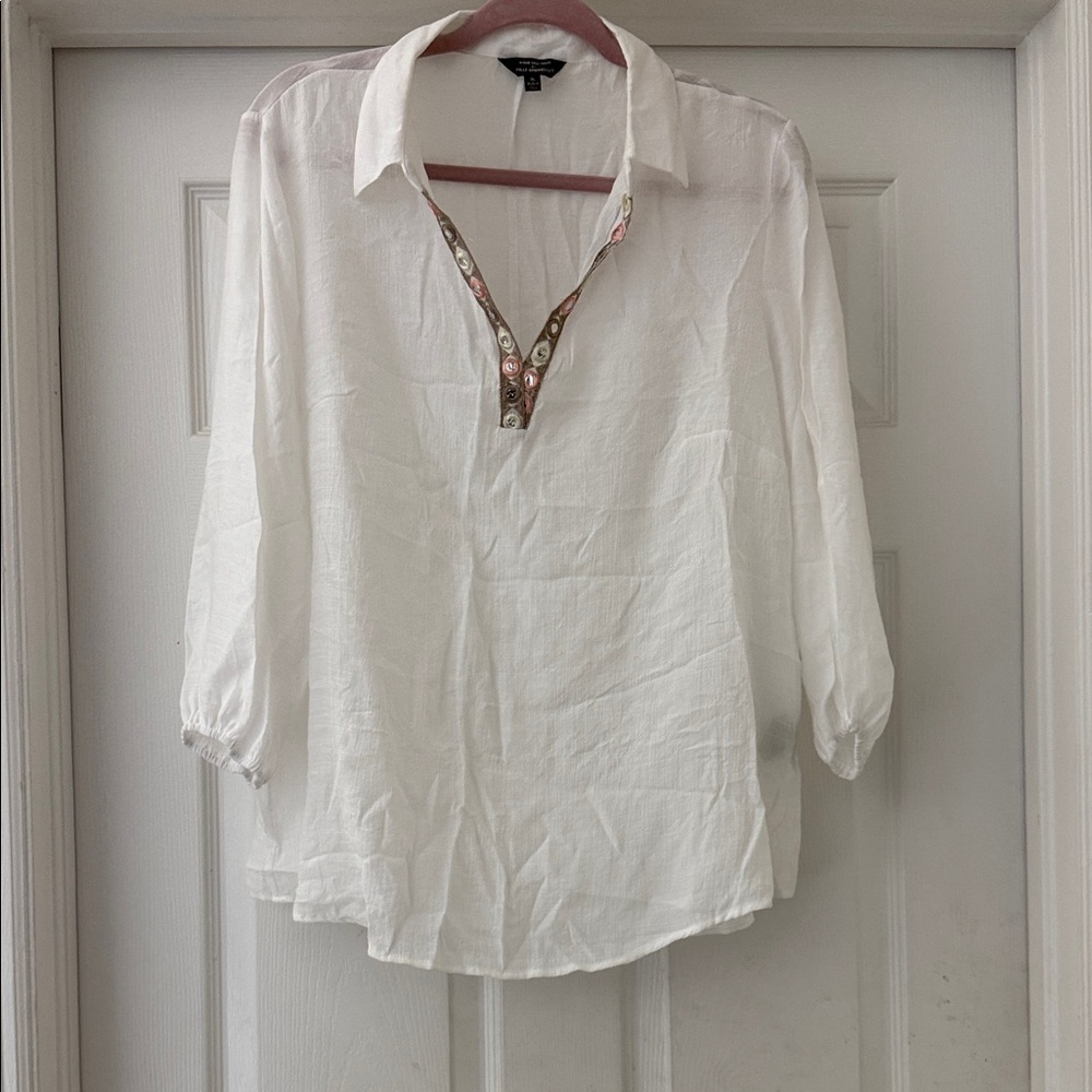 Mlle Gabrielle White Blouse with Floral Trim